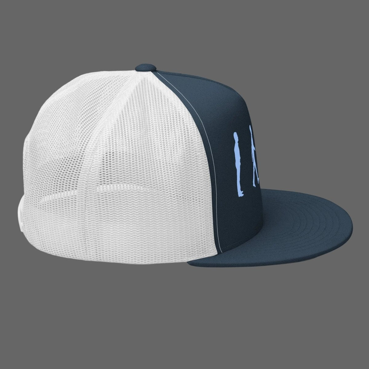 Side of high-profile Romans 12:2 trucker hat, flat bill and snapback, Bible verse nonconformity design cap in Navy and White