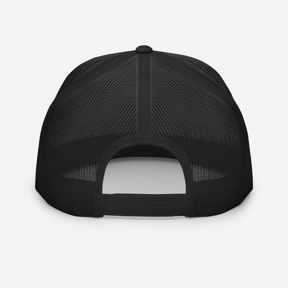 Back view of printed Romans 12:2 trucker hat with transformed silhouette and cross design