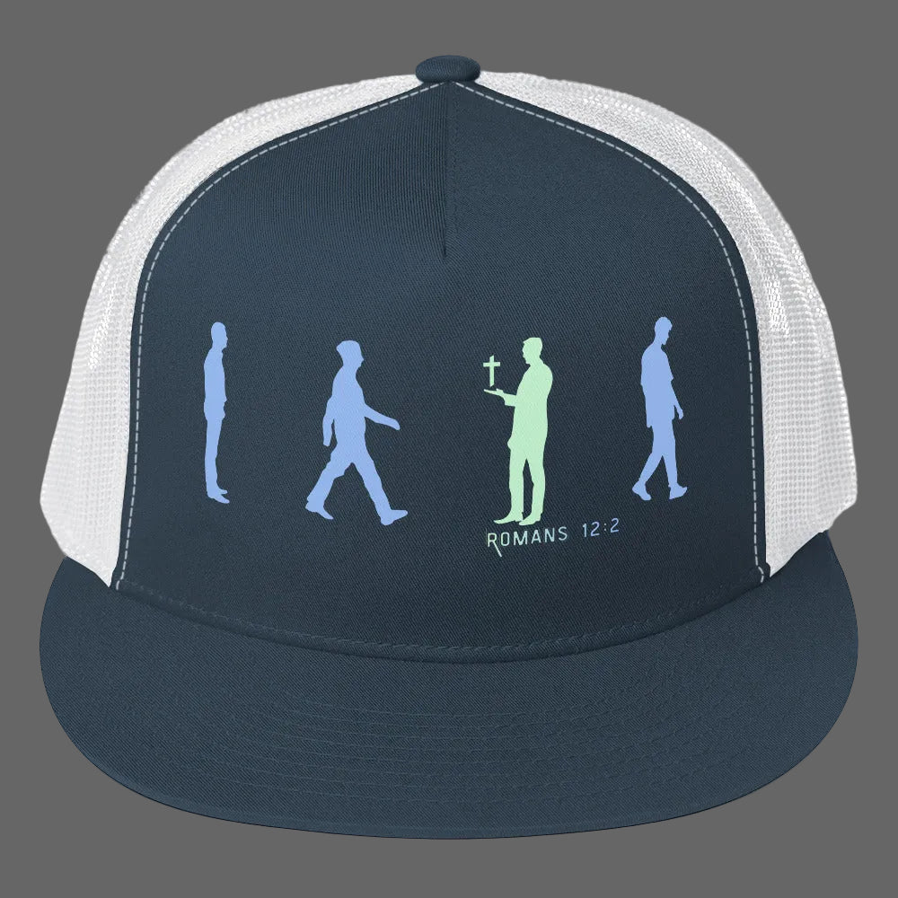 Printed Romans 12:2 trucker hat with transformed silhouette and cross design, Christian nonconform cap in Navy and White
