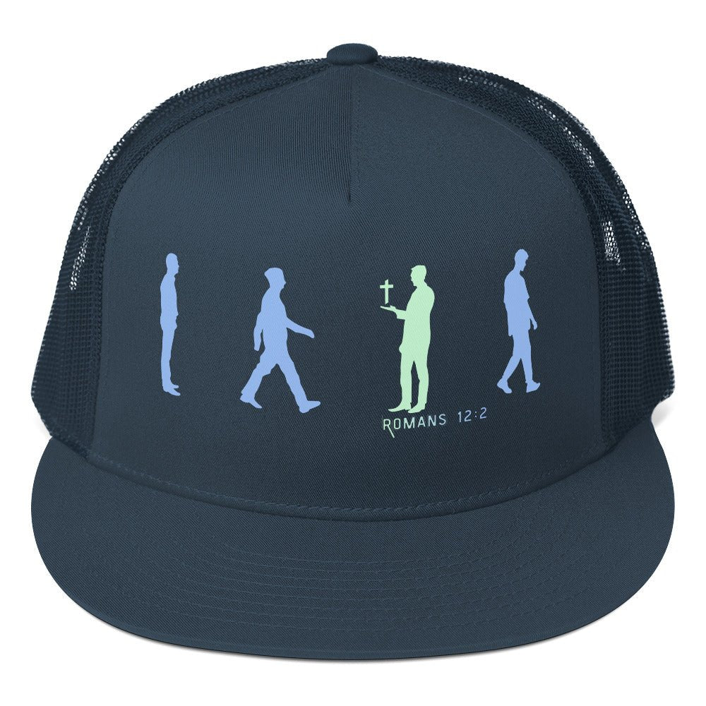 Front view of printed Romans 12:2 trucker hat with transformed silhouette and cross design, Christian nonconform cap