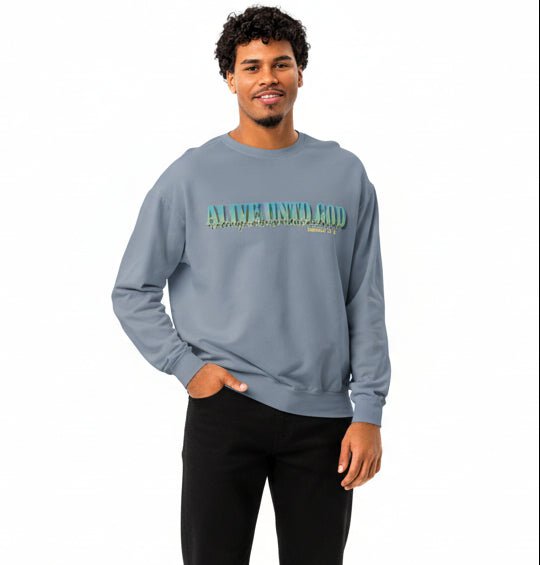 Alive Unto God crewneck, 100% ring-spun cotton relaxed fit Christian sweatshirt with Alive Unto God Romans 6:3-11 printed