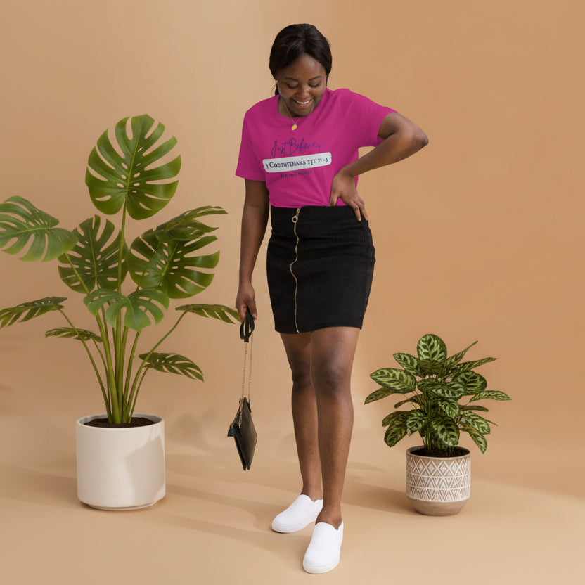 Truth Matters Just Believe 1 Corinthians 15:1-4 T-Shirt front with cross and scripture